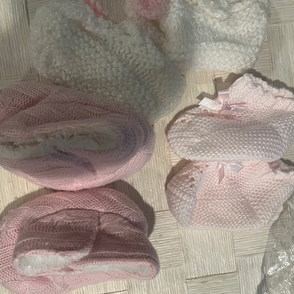 Pink and White Baby Booties and Hats Set